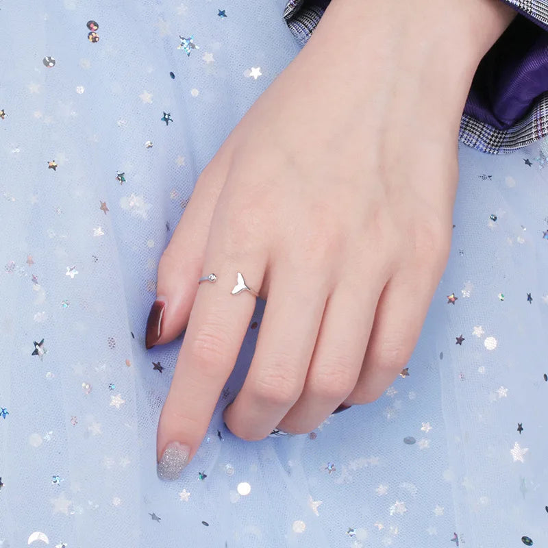 Silver Mermaid Tail Cuff Ring with Sea Whale Fish Tail Bague