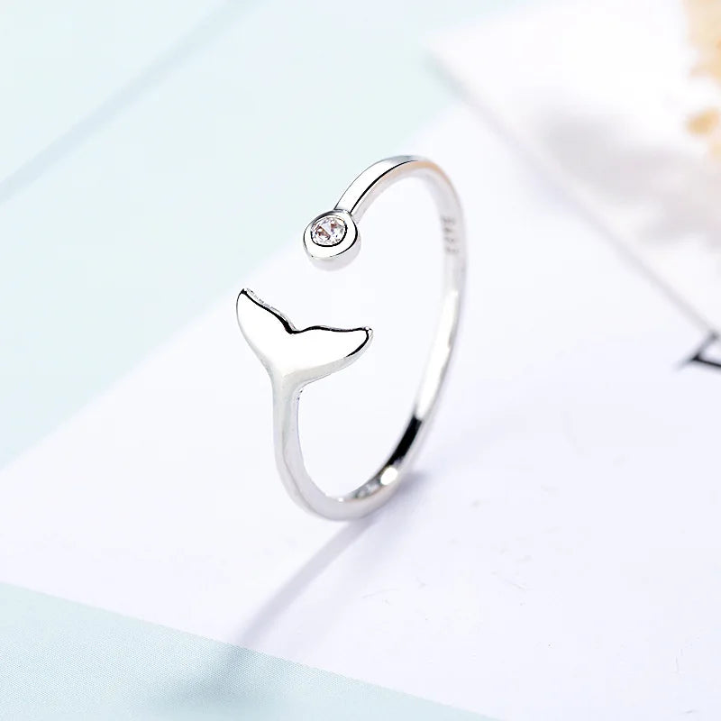 Silver Mermaid Tail Cuff Ring with Sea Whale Fish Tail Bague