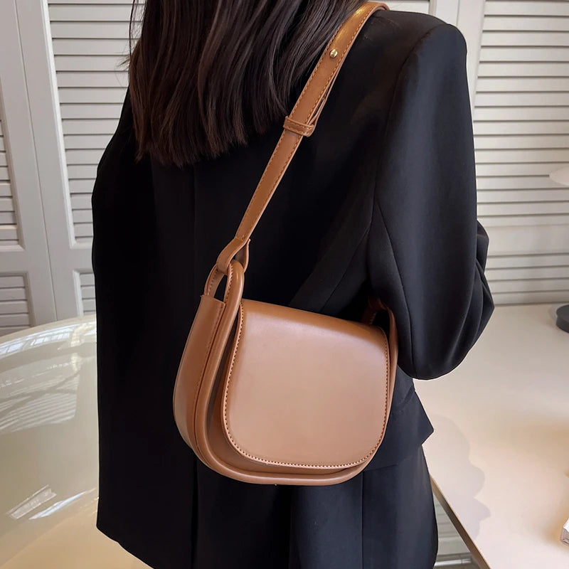 Vintage Saddle Bag for Women All-match Texture Pu Shoulder Crossbody Bags