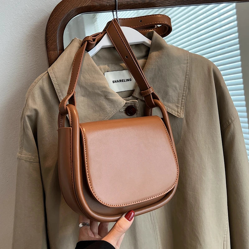 Vintage Saddle Bag for Women All-match Texture Pu Shoulder Crossbody Bags
