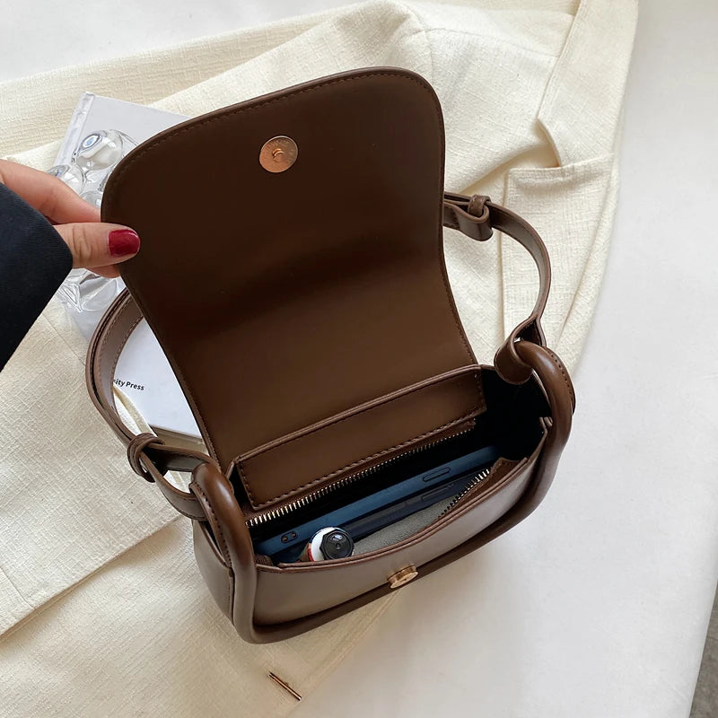 Vintage Saddle Bag for Women All-match Texture Pu Shoulder Crossbody Bags