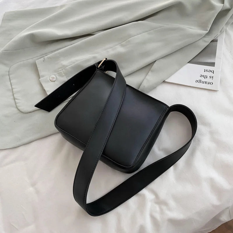 Solid Pu Women's Shoulder Bag Wide Strap Zipper Messenger Bag