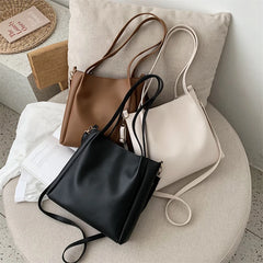 Women Bucket Shoulder Bags Solid Handbags Retro Large Capacity Tote Bags