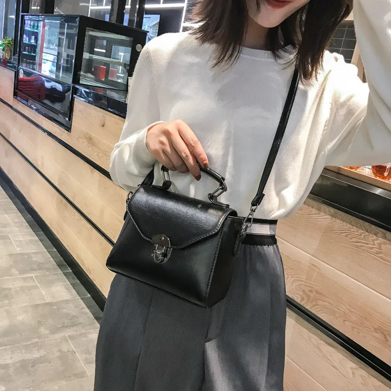 Women Lock Shoulder Messenger Bag Retro Portable Solid Pu Leather Square Bag