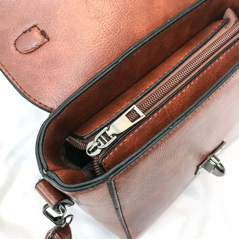 Women Lock Shoulder Messenger Bag Retro Portable Solid Pu Leather Square Bag