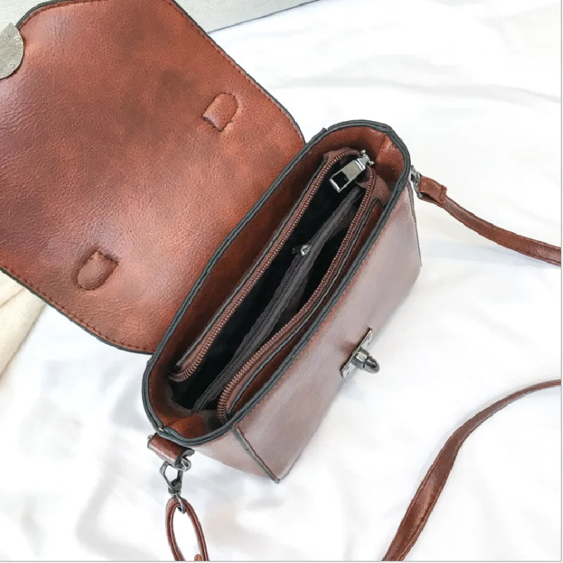 Women Lock Shoulder Messenger Bag Retro Portable Solid Pu Leather Square Bag