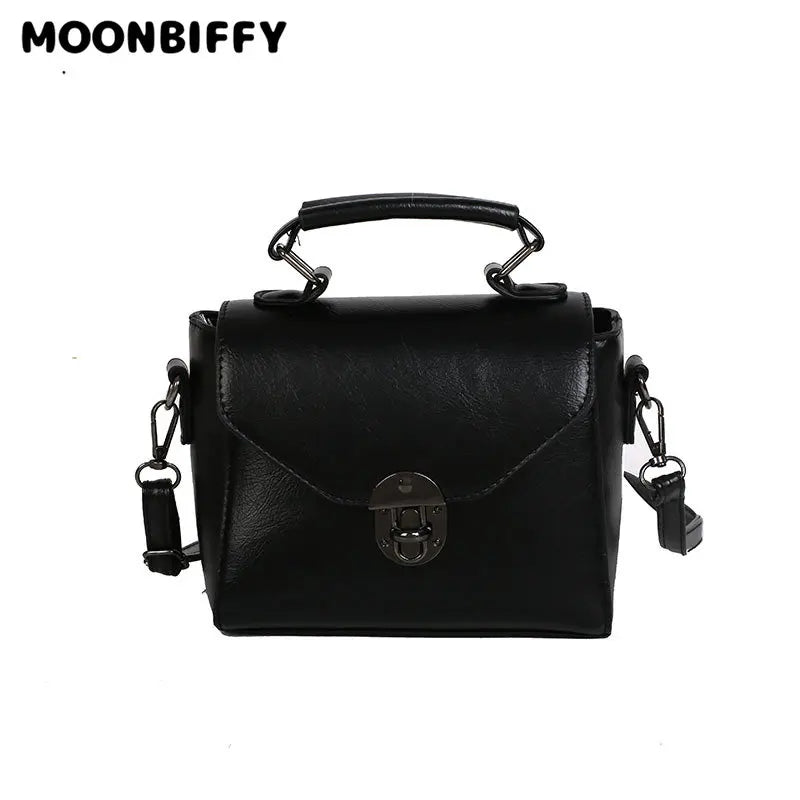 Women Lock Shoulder Messenger Bag Retro Portable Solid Pu Leather Square Bag