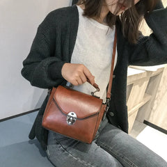 Women Lock Shoulder Messenger Bag Retro Portable Solid Pu Leather Square Bag