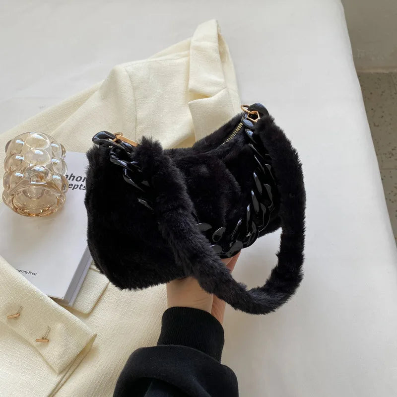 Fluffy Fur Shoulder Bag with Thick Chain for Women