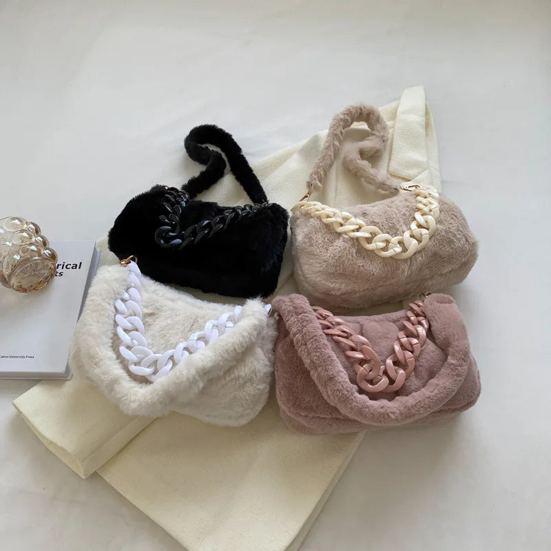 Fluffy Fur Shoulder Bag with Thick Chain for Women