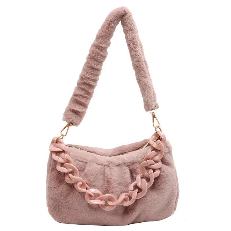 Fluffy Fur Shoulder Bag with Thick Chain for Women