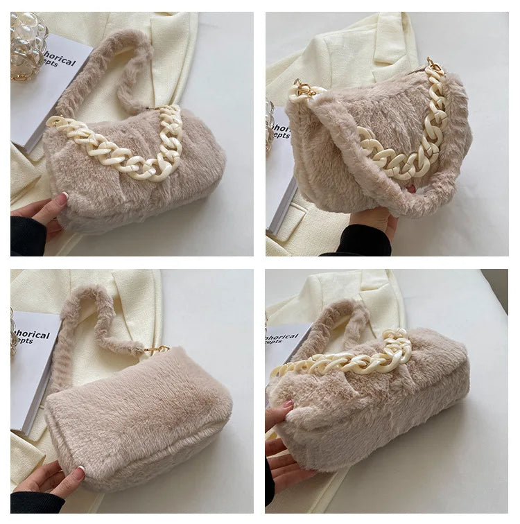 Fluffy Fur Shoulder Bag with Thick Chain for Women