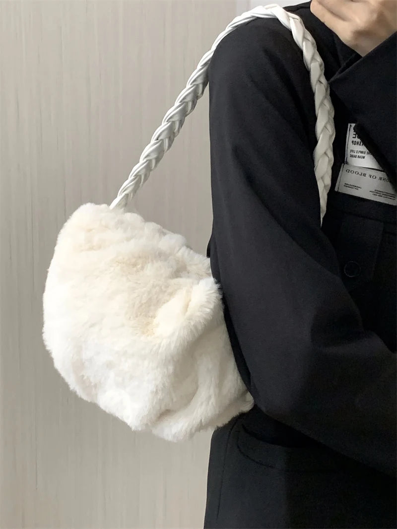 Women's Faux Fur Shoulder Bag Soft Plush Underarm Bags Braided Straps Handbags