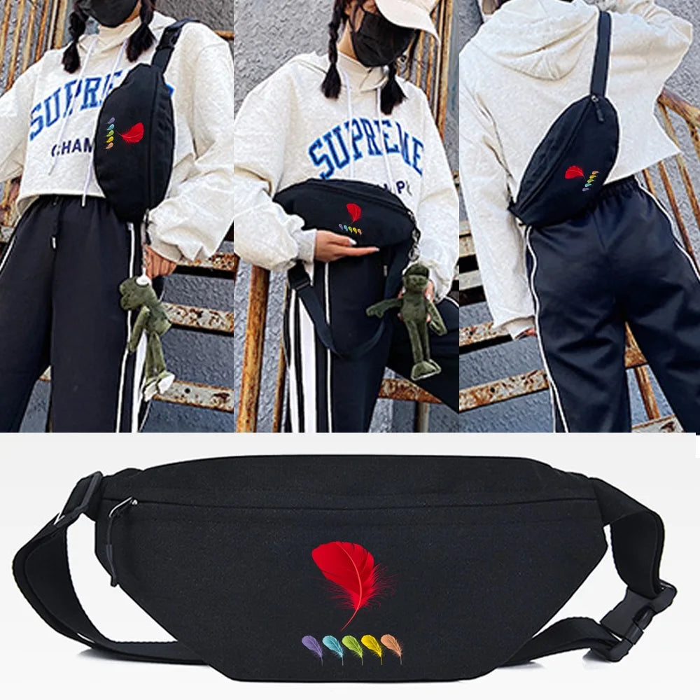 Six Feathers Print Waist Pack Teenager Outdoor Sports Running Chest Pack