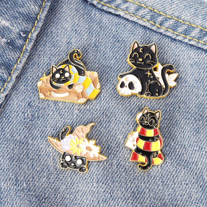 Skull Cat Pin Halloween Wizard Hat Brooch Enamel Lapel Pins