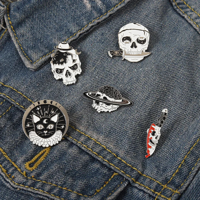 Skull Rose Heart Pin Punk Style Halloween Cat Head Compass Wizard Hat
