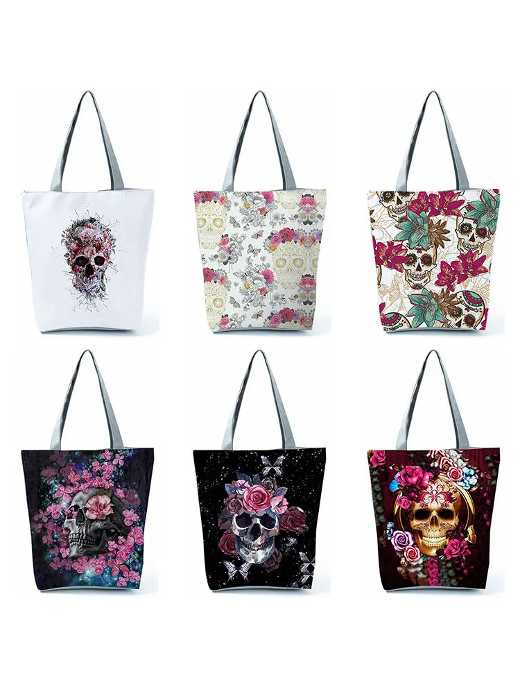 Skull Rose Print Handbag Shoulder Bag Ladies Halloween Tote Eco Friendly