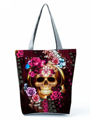 Skull Rose Print Handbag Shoulder Bag Ladies Halloween Tote Eco Friendly