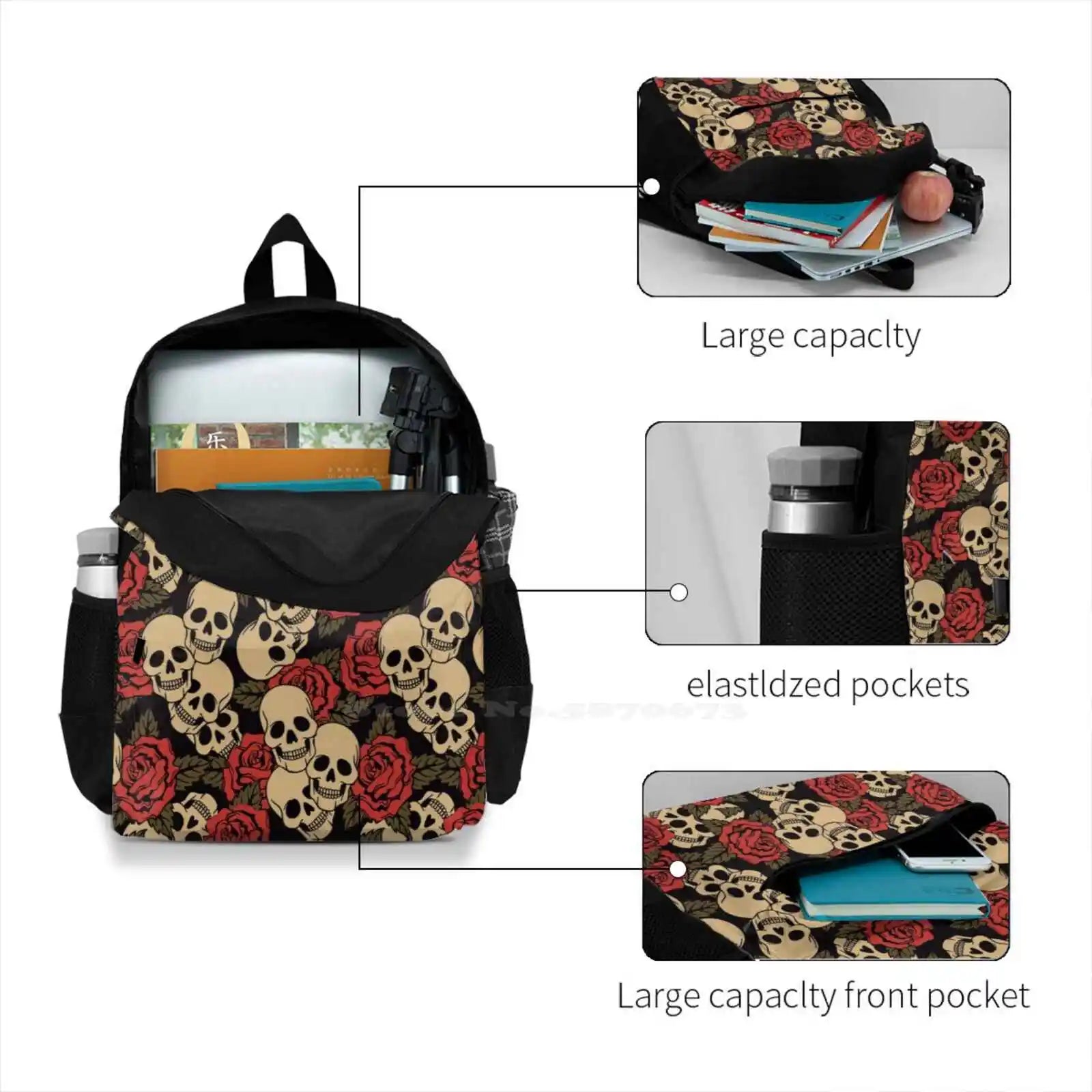 Skulls With Roses School Bags For Teenage Girls Laptop Travel Bags