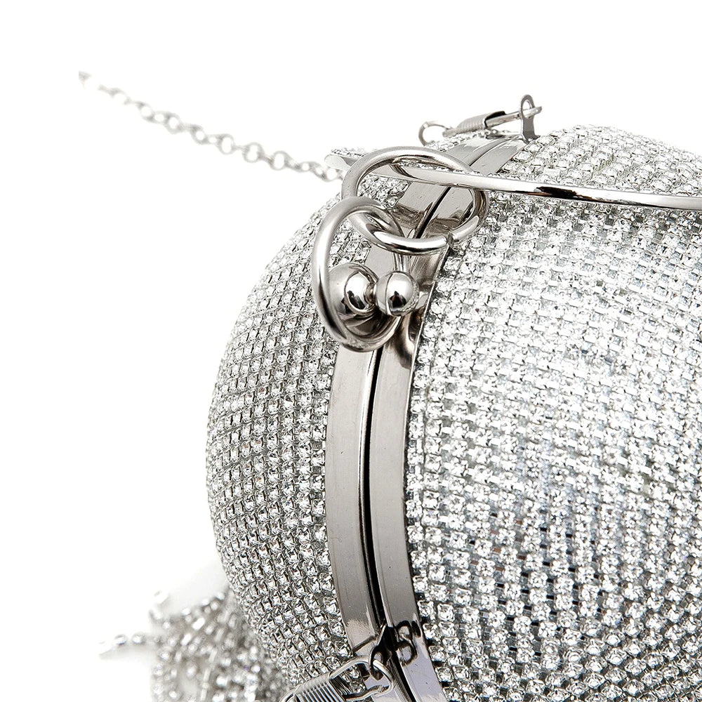 Sliver Diamonds Rhinestone Evening Bag Round Ball Clutch Mini Tassels Handbag