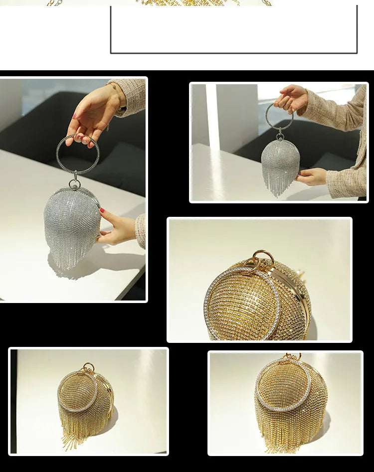Sliver Diamonds Rhinestone Evening Bag Round Ball Clutch Mini Tassels Handbag