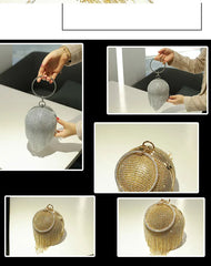 Sliver Diamonds Rhinestone Evening Bag Round Ball Clutch Mini Tassels Handbag