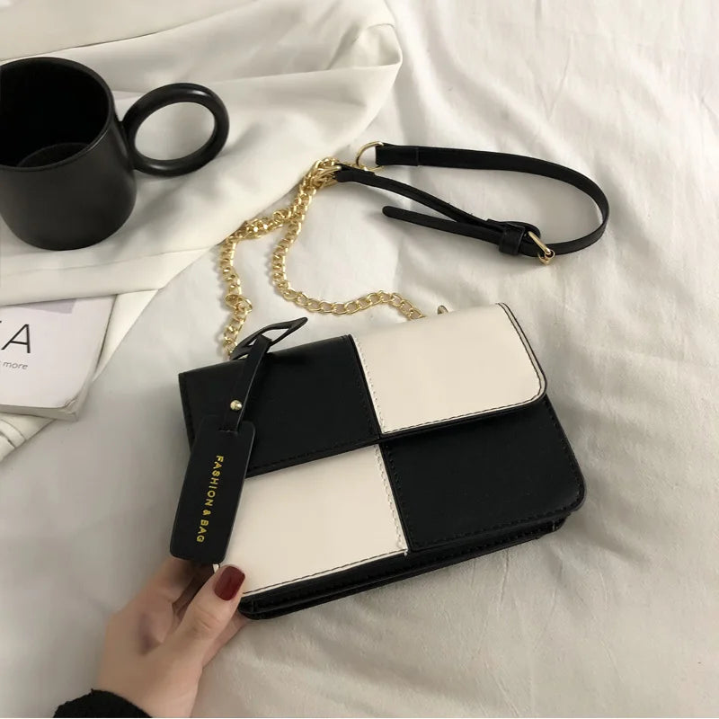 Checkered Square Bag PU Leather Shoulder Bags Chain Crossbody Handbags Purses