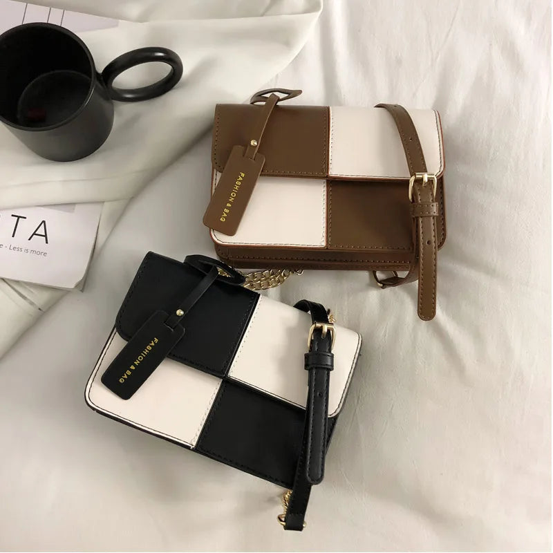 Checkered Square Bag PU Leather Shoulder Bags Chain Crossbody Handbags Purses