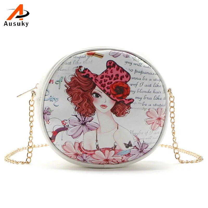 Cartoon Character Circular Bag Lady Girl Pu Leather Messenger Shoulder Handbag