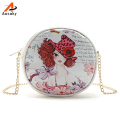 Cartoon Character Circular Bag Lady Girl Pu Leather Messenger Shoulder Handbag
