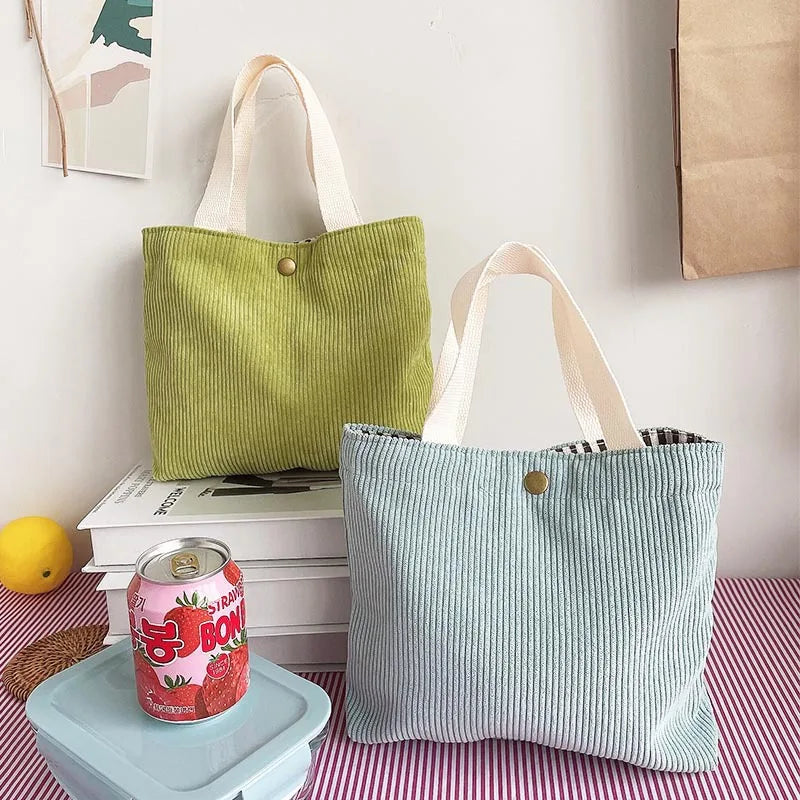 Corduroy Lunch Bag for Women Eco Canvas Portable Tote Bags Mini