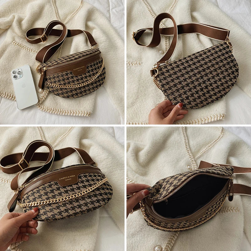 Canvas Crossbody Bag Women Winter Fanny Pack Chain Belt Phone Purse