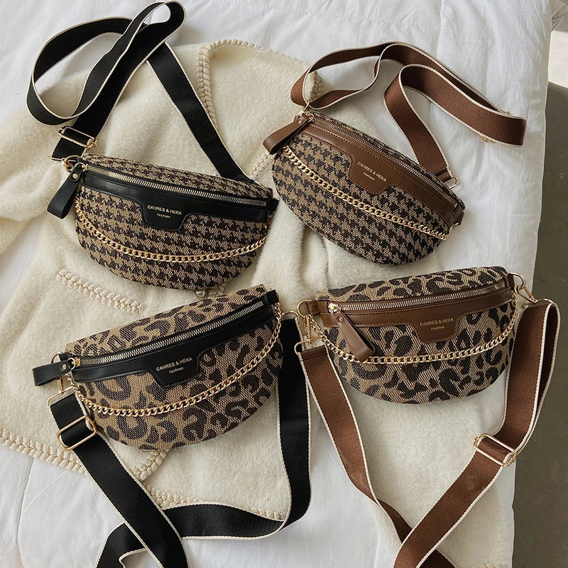 Canvas Crossbody Bag Women Winter Fanny Pack Chain Belt Phone Purse