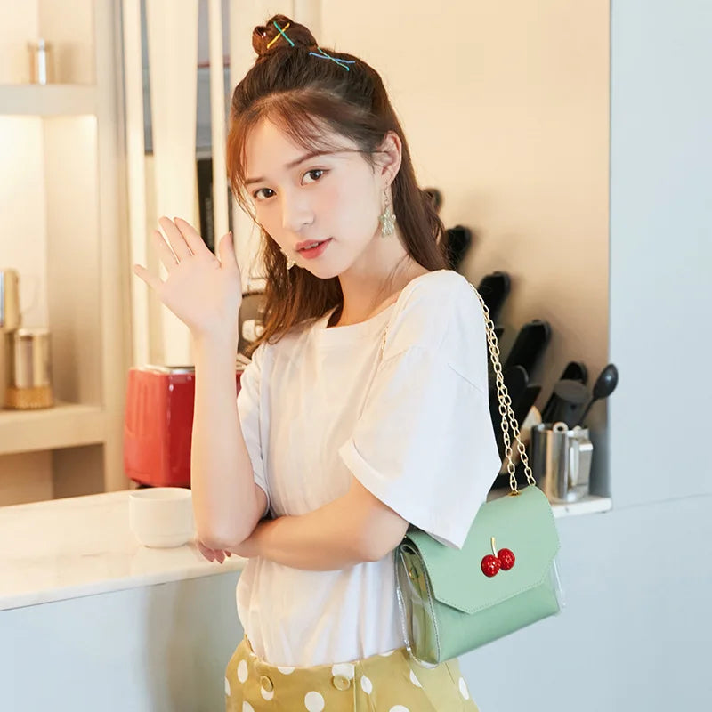 Small Crossbody Bags Women Cherry Flap PU Transparent Leisure