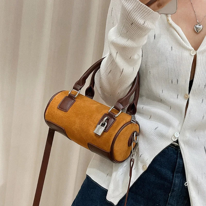 Vintage Small Drum Shoulder Bag for Women, Crossbody Tote Handbag