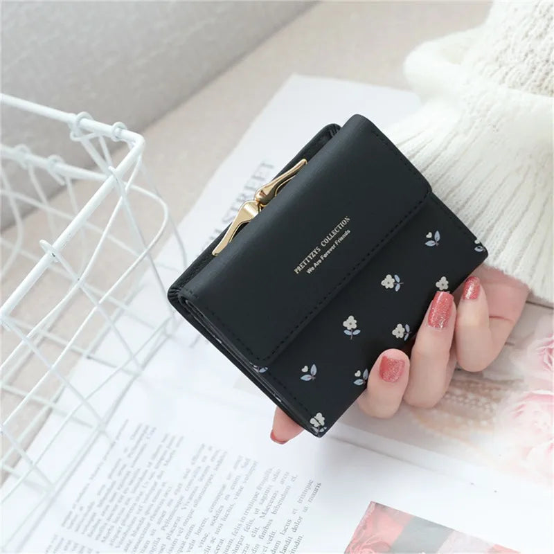 Small Fresh Mini Ladies Money Clip with Flowers Short Buckle Wallet