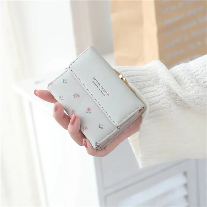 Small Fresh Mini Ladies Money Clip with Flowers Short Buckle Wallet