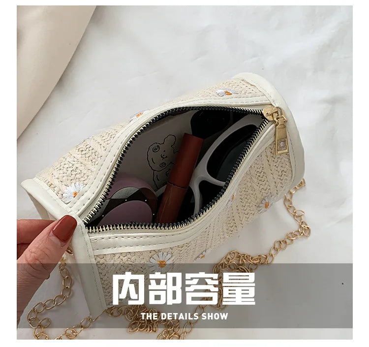 Woven Shoulder Bag Women Summer Flower Pattern Crossbody Bag