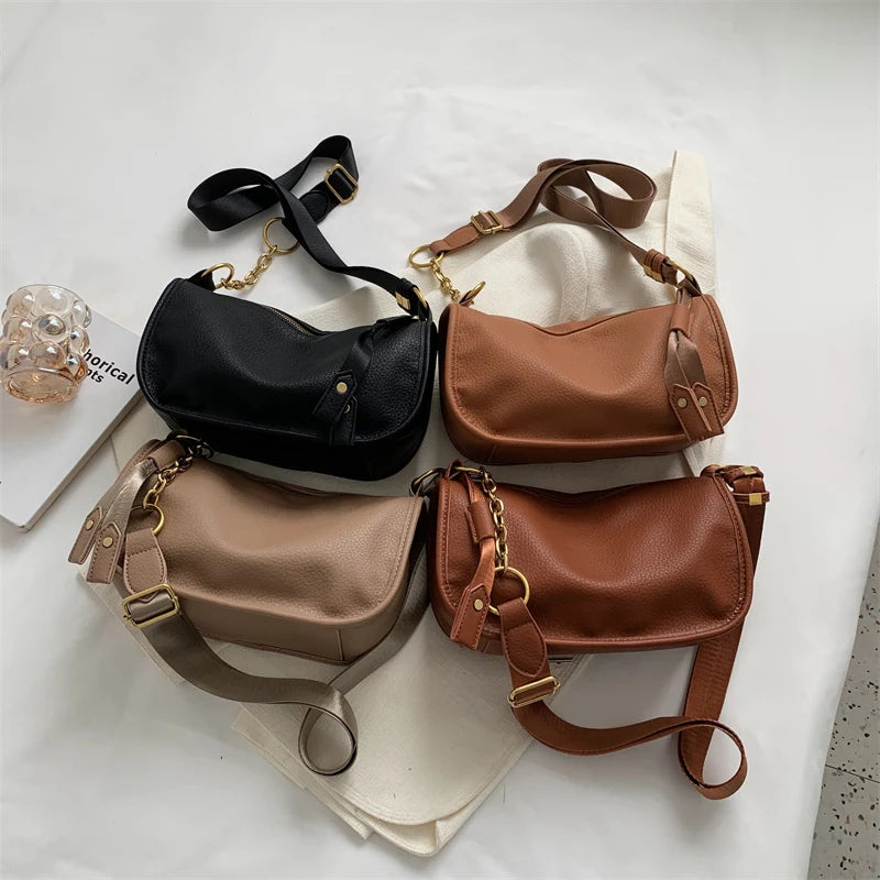 Vintage Leather Crossbody Bag Wide Belt Handbag