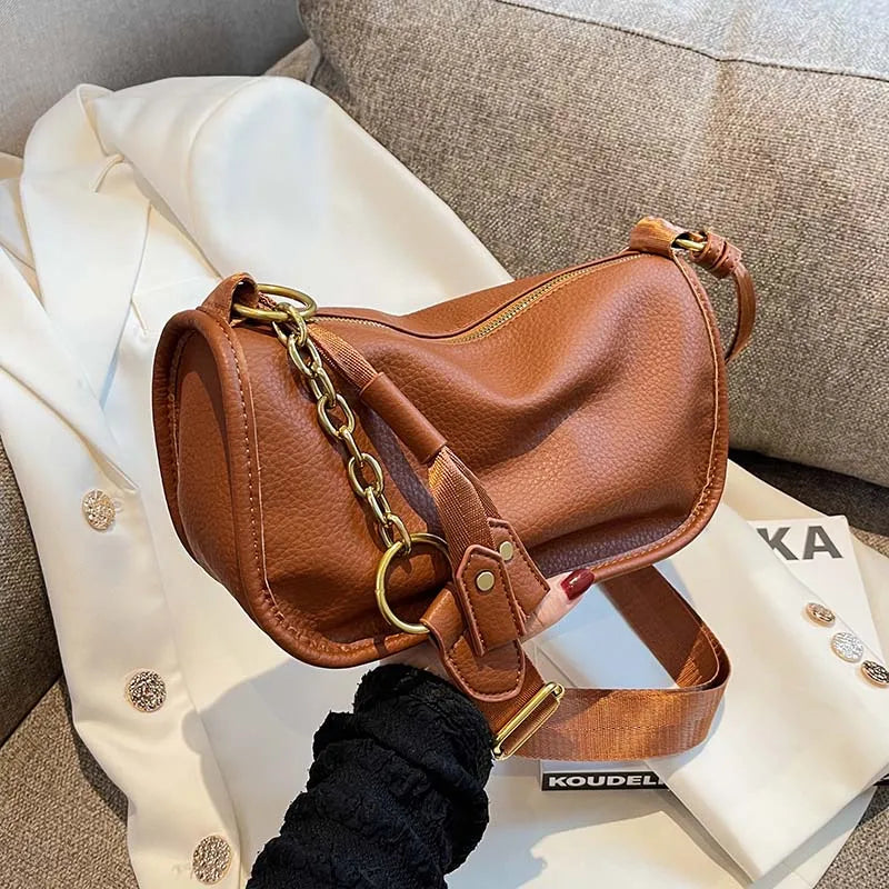 Vintage Leather Crossbody Bag Wide Belt Handbag