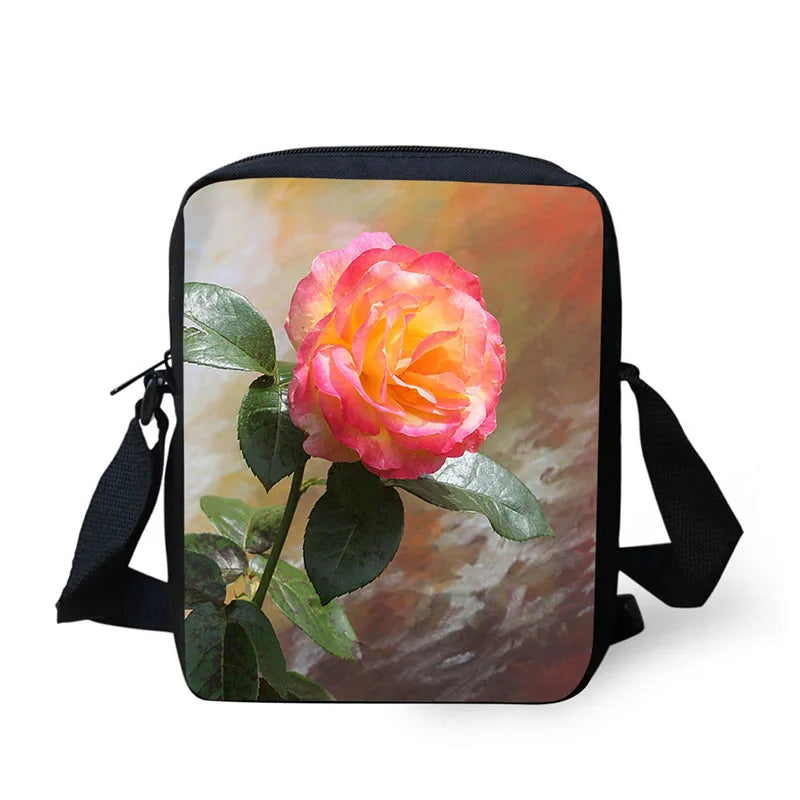 Women's Rose Printed Messenger Bag with Adjustable Shoulder Strap