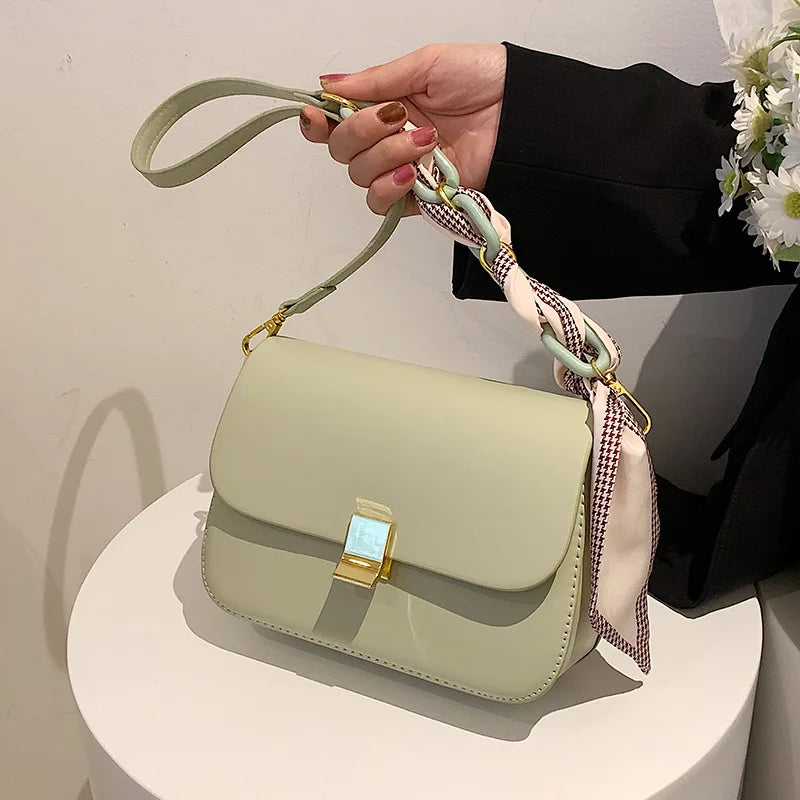 Green PU Leather Women Flap Crossbody Bag Acrylic Chain Shoulder Bag
