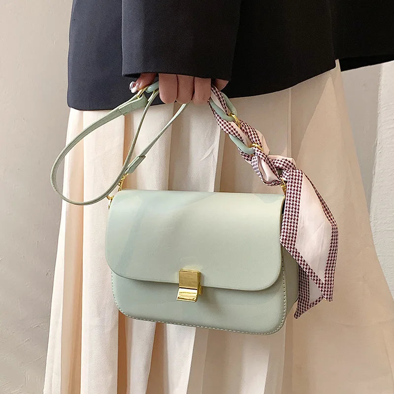 Green PU Leather Women Flap Crossbody Bag Acrylic Chain Shoulder Bag