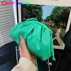Pleated Clip on Women Shoulder Crossbody Bag Soft PU Leather Mini Handbag