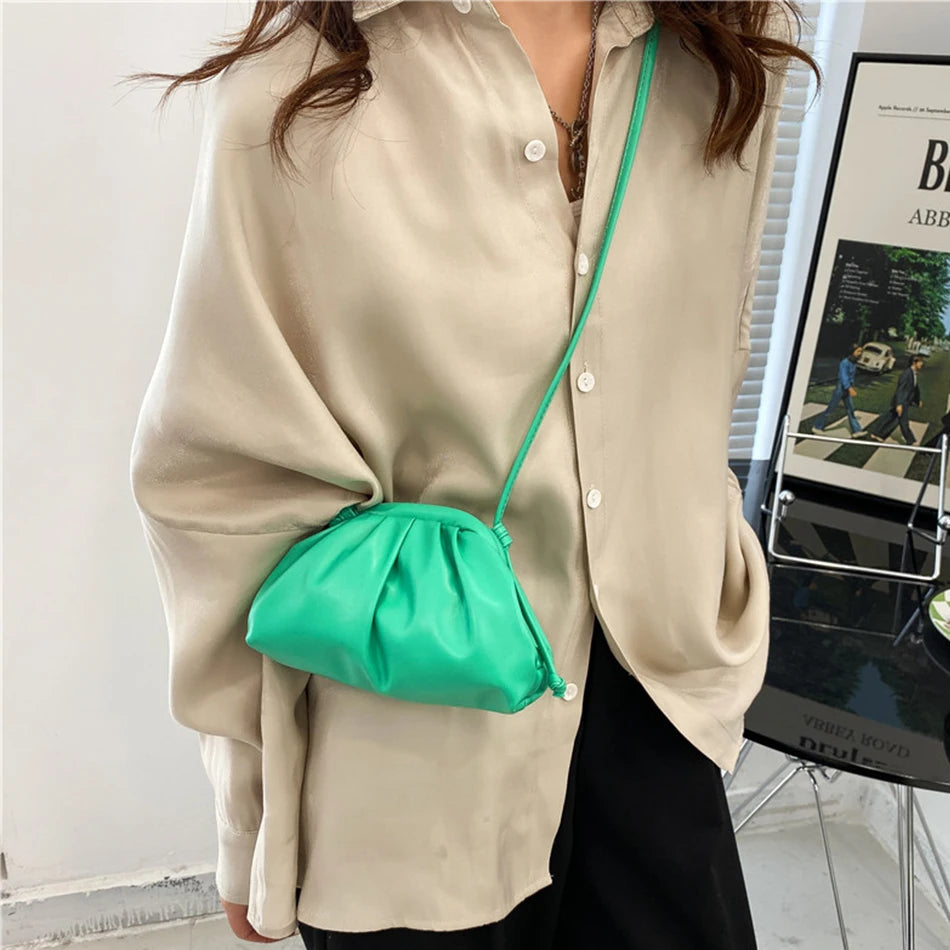 Pleated Clip on Women Shoulder Crossbody Bag Soft PU Leather Mini Handbag