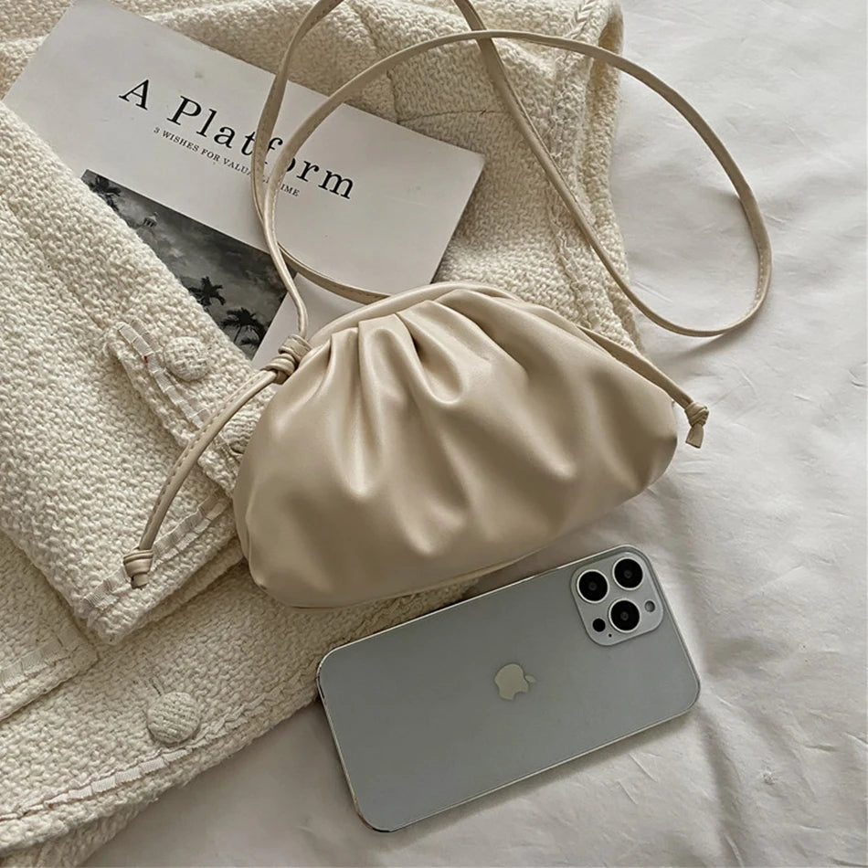 Pleated Clip on Women Shoulder Crossbody Bag Soft PU Leather Mini Handbag