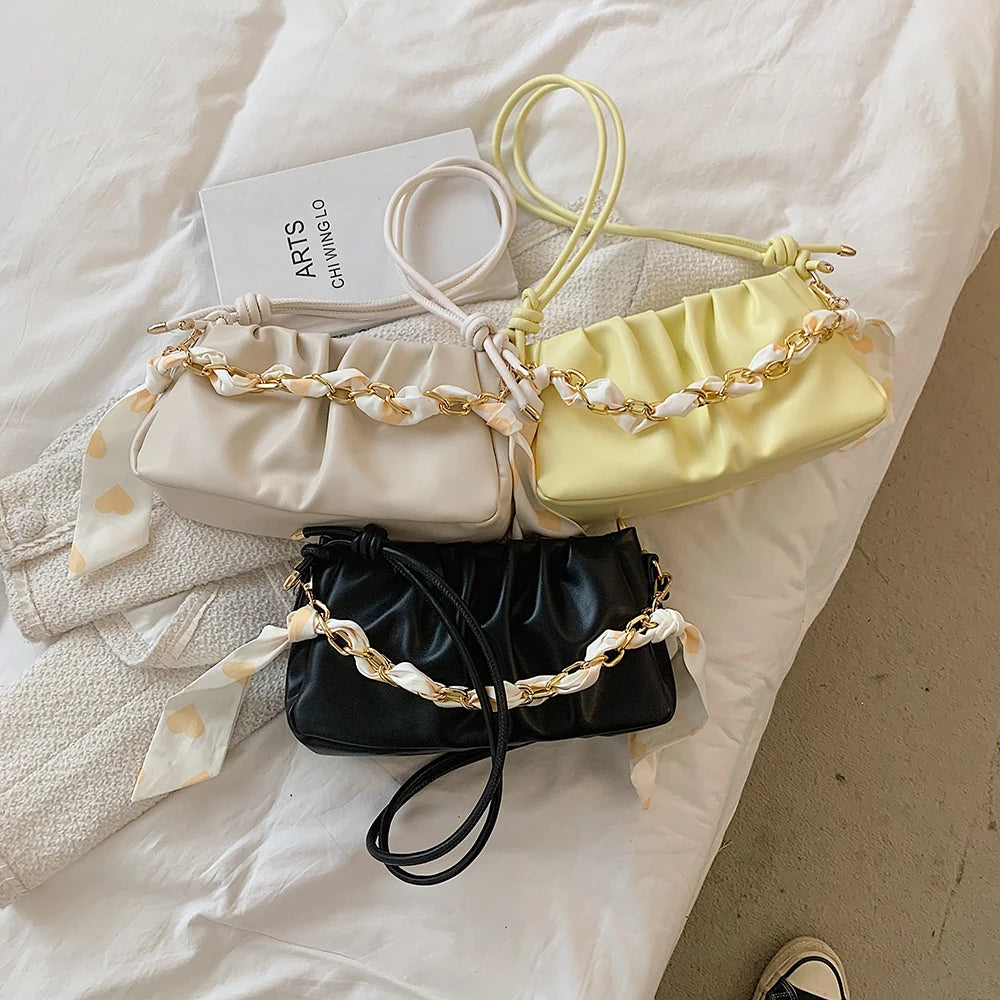 Pleated Crossbody Bag Square PU Leather Bag Yellow