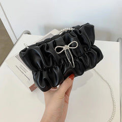 Pleated Bow PU Leather Crossbody Shoulder Bag for Women Ladies Travel Handbag