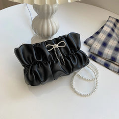 Pleated Bow PU Leather Crossbody Shoulder Bag for Women Ladies Travel Handbag