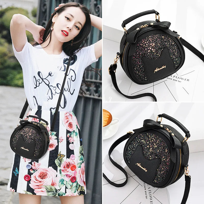 Small Sequins Circular Shoulder Bag Women Round Crossbody Messenger